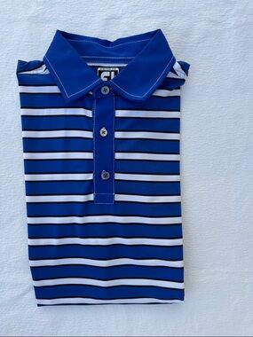 EUC FootJoy Blue & White Striped Men’s Golf Polo Aurora Country Club M